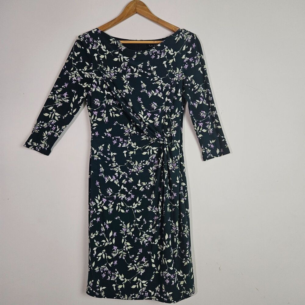 Lauren Ralph Lauren Women's Dress 6 Green Fern Floral Sheath Easter Modest